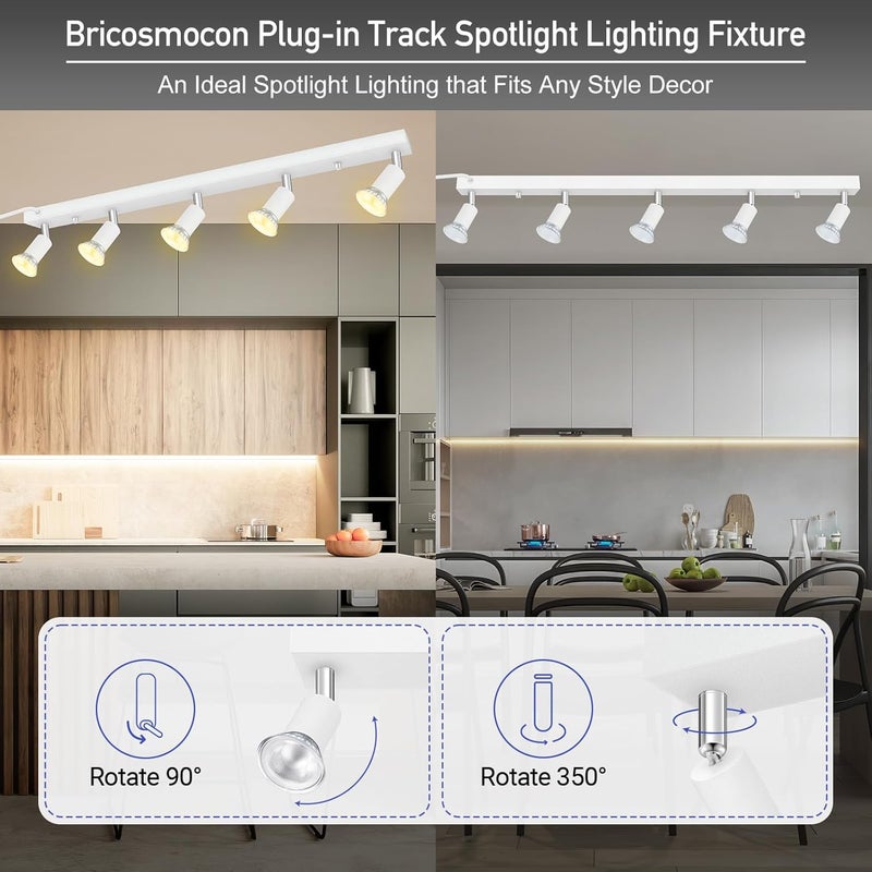 Bricosmocon Plug-in Track Lighting, LED Track Lighting Fixtures Ceiling Kit, 30" White Plug in Wall Light with 14.8ft Cord, 3-Light Ceiling Spotlight,Rotatable Kitchen Light Head for Bedroom Hallway(GU10,NO Bulb) - Image 5